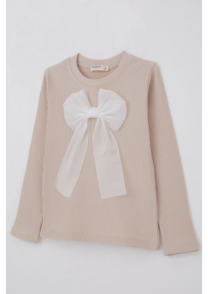 Kız Çocuk Uzun Kollu Tişört Fiyonk Aksesuarlı 8-12 Yaş, Bej modelleri