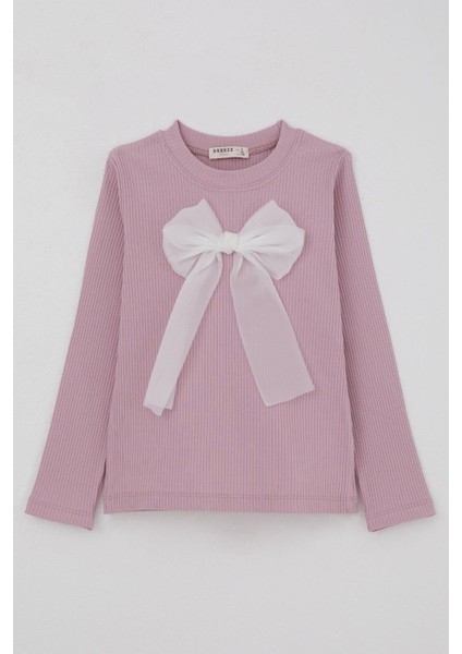 Kız Çocuk Uzun Kollu Tişört Fiyonk Aksesuarlı 8-12 Yaş, Lila