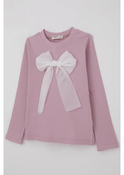Kız Çocuk Uzun Kollu Tişört Fiyonk Aksesuarlı 8-12 Yaş, Lila modelleri