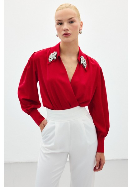 Aksesuar Detaylı Bodysuit Bluz - Kırmızı modelleri