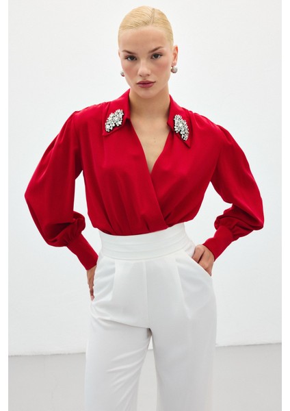 Aksesuar Detaylı Bodysuit Bluz - Kırmızı indirimleri
