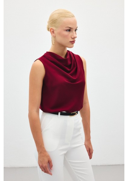 Degaje Yaka Kolsuz Bluz - Bordo fiyatları