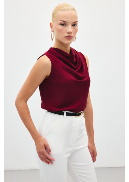Degaje Yaka Kolsuz Bluz - Bordo modelleri