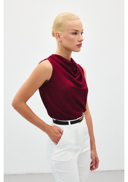 Degaje Yaka Kolsuz Bluz - Bordo indirimleri