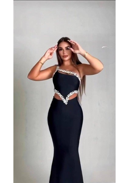 Kadın Komuz ve Bel Dokelteli Taş Detay Dalgıç Kumaş Elbise fırsatları