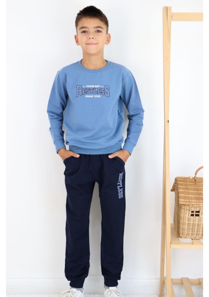Erkek Çocuk Eşofman Takım Yazı Baskılı Cepli 5-10 Yaş, Indigo