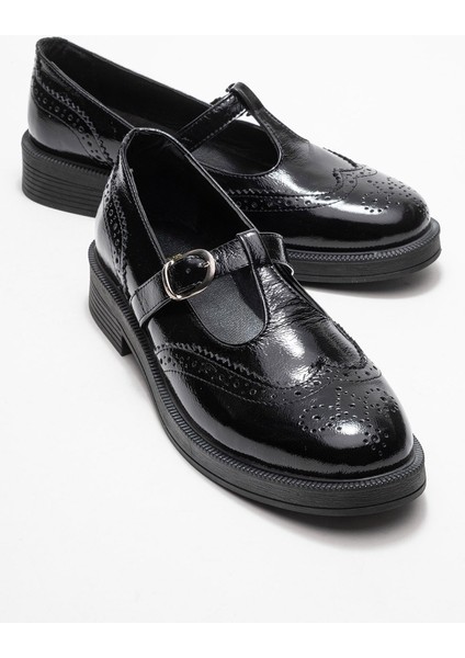 Janney Siyah Rugan Hakiki Deri Bantlı Kadın Loafer Ayakkabı