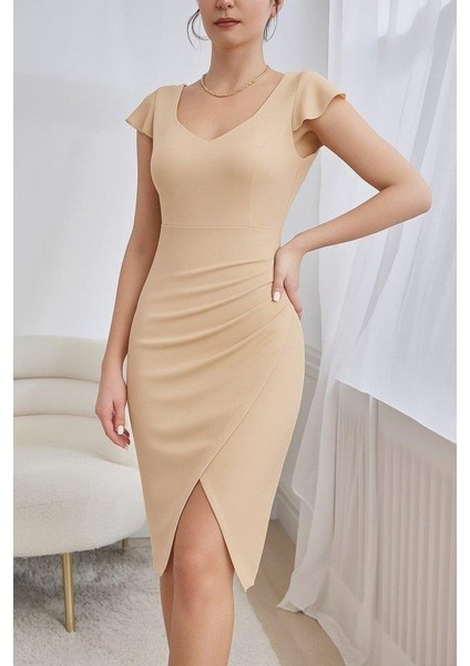 Kadın Kısa Kollu Kalp Yaka Yanlardan Büzgü Detay Midi Ithal Krep Elbise
