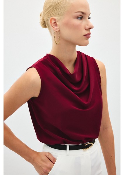 Degaje Yaka Kolsuz Bluz - Bordo