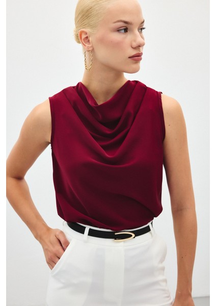 Degaje Yaka Kolsuz Bluz - Bordo fırsatları