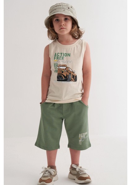 Erkek Çocuk Şortlu Takım Sıfır Kollu Yarış Pistinin Kahramanı Araba Baskılı 5-10 Yaş, Krem