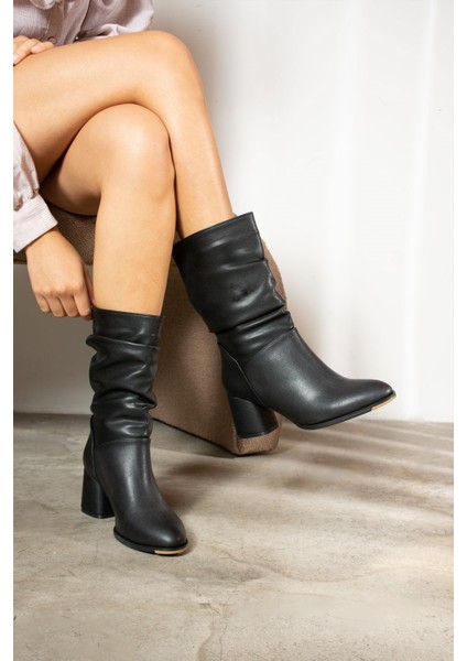 Günlük Kadın Dizaltı Çizme Körüklü Kalın Yüksek Topuklu Fermuarsız Tay Tüylü Astar Bot Bootie 2430