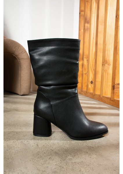Günlük Kadın Dizaltı Çizme Körüklü Kalın Yüksek Topuklu Fermuarsız Tay Tüylü Astar Bot Bootie 2430 indirimleri