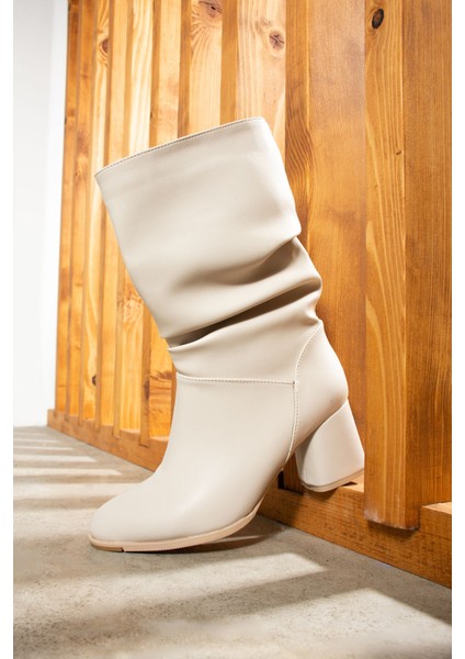 Günlük Kadın Dizaltı Çizme Körüklü Kalın Yüksek Topuklu Fermuarsız Tay Tüylü Astar Bot Bootie 2430 indirimleri