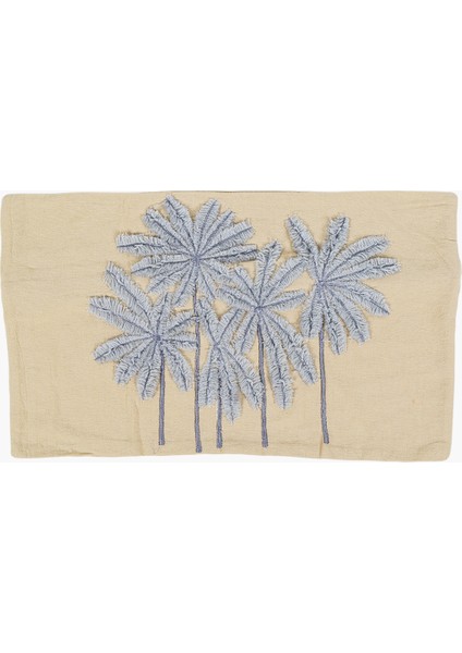 Bej Keten Çoklu Palmiye Nakışlı Dikdörtgen Kırlent