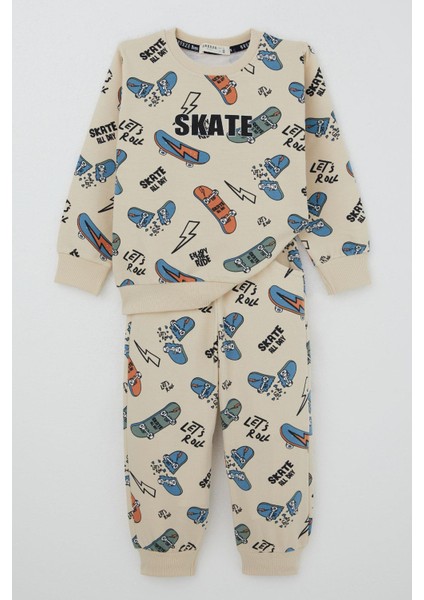 Erkek Çocuk Eşofman Takım Kaykay Desenli 3-7 Yaş, Krem