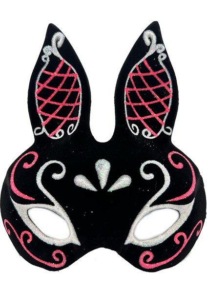 Siyah Renk Kırmızı Beyaz Simli Siyah Süet Kaplama Tavşan Maskesi 18X16 cm (4915) fiyatları