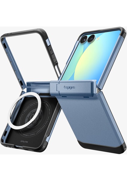 Spigen Galaxy Z Flip 7 ile Uyumlu Ekstra Dayanıklı Kılıf Tough Armor Pro Hava Kanalı Teknolojisi™ Askeri Sınıf Koruma MagFit özellikli KickStand'lı Sierra Blue Çift Katman Kapak - ACS09562
