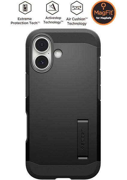 iPhone 17 ile uyumlu Ekstra Dayanıklı MagSafe Kılıf Tough Armor Ai T Force Kamera Butonu Hava Kanalı Teknolojisi™ Askeri Sınıf Koruma MagFit KickStand'lı Black Çift Katman Kapak - ACS09984