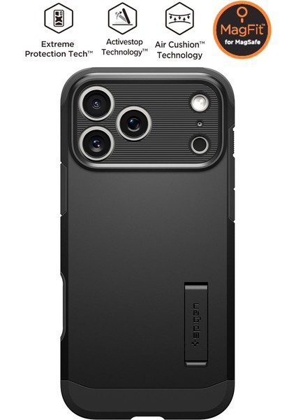 iPhone 17 Pro Max ile uyumlu Ekstra Dayanıklı MagSafe Kılıf Tough Armor Ai T Force Kamera Butonu Hava Kanalı Teknolojisi™ Askeri Sınıf Koruma MagFit KickStand Black Çift Katman Kapak - ACS09897