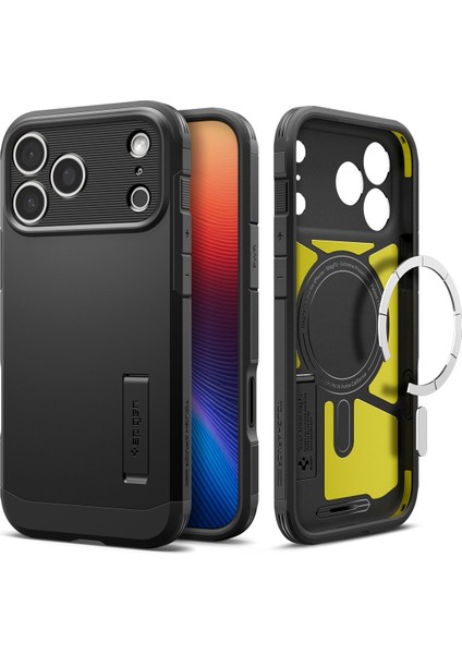 iPhone 17 Pro Max ile uyumlu Ekstra Dayanıklı MagSafe Kılıf Tough Armor Ai T Force Kamera Butonu Hava Kanalı Teknolojisi™ Askeri Sınıf Koruma MagFit KickStand Black Çift Katman Kapak - ACS09897