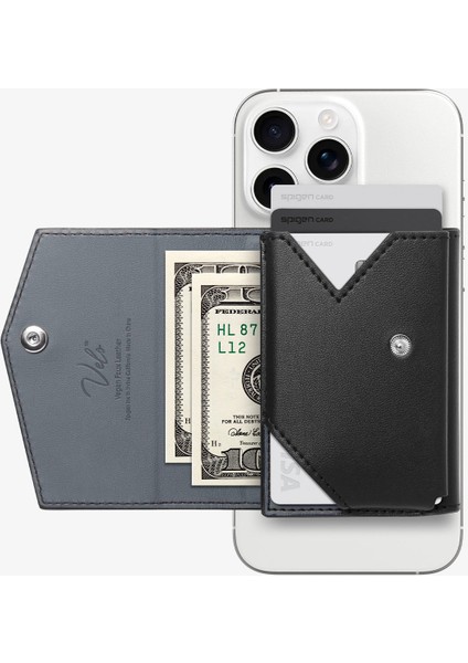 MagFit iPhone için MagSafe özellikli 3 Kartlı Manyetik Cüzdan Valentinus Pro Black Vegan Deri - AFA09442