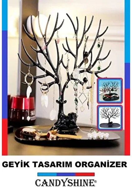 Siyah Geyik Tasarım Takı Standı Yüzük Küpe Organizer Kolay Montajlı