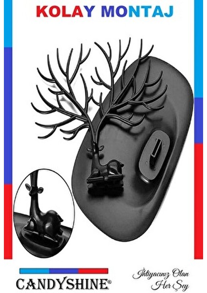 Siyah Geyik Tasarım Takı Standı Yüzük Küpe Organizer Kolay Montajlı