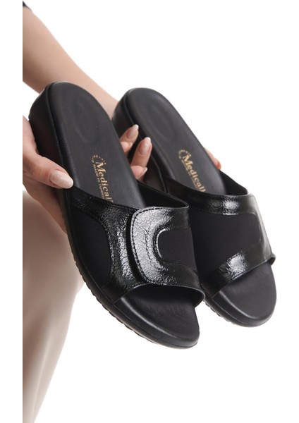 Ortopedik Deri Taban Topuk Dikeni ve Kemik Çıkıntısı Destekli Günlük Siyah Terlik