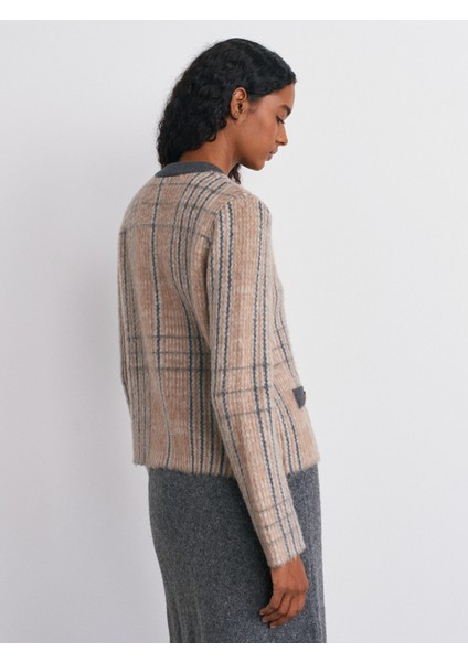 60986 Desenli Şardonlu Düğmeli Triko Hırka-Vizon fiyatları