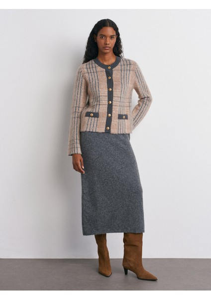 60986 Desenli Şardonlu Düğmeli Triko Hırka-Vizon indirimleri