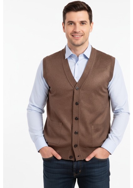 Erkek V Yakalı Düğmeli Çift Cepli Klasik Model Rahat Kesim Tam Kalıp Yünlü Dokuma Yelek