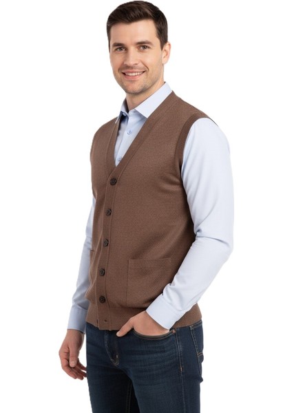 Erkek V Yakalı Düğmeli Çift Cepli Klasik Model Rahat Kesim Tam Kalıp Yünlü Dokuma Yelek fiyatları