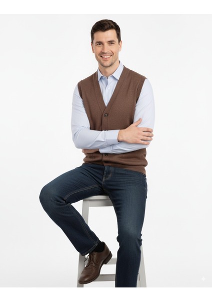 Erkek V Yakalı Düğmeli Çift Cepli Klasik Model Rahat Kesim Tam Kalıp Yünlü Dokuma Yelek fırsatları