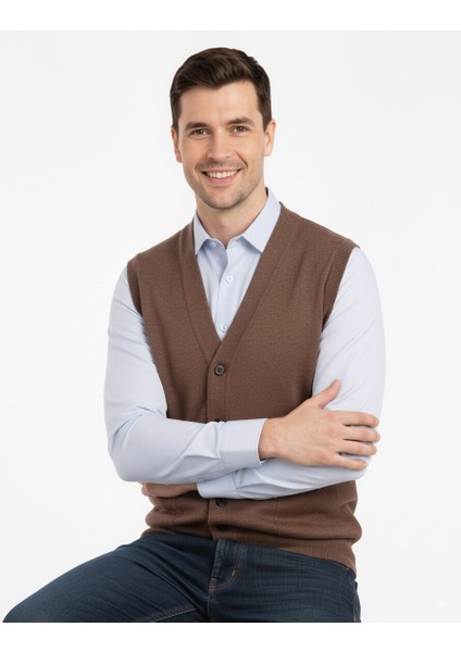 Erkek V Yakalı Düğmeli Çift Cepli Klasik Model Rahat Kesim Tam Kalıp Yünlü Dokuma Yelek indirimleri