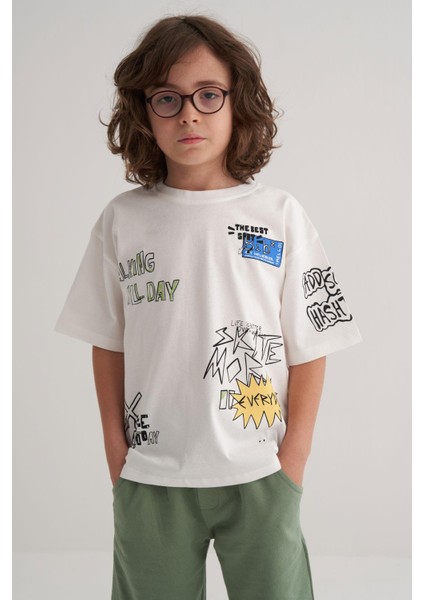 Erkek Çocuk Tişört Teknoloji Temalı Yazı Baskılı 7-12 Yaş, Ekru fırsatları