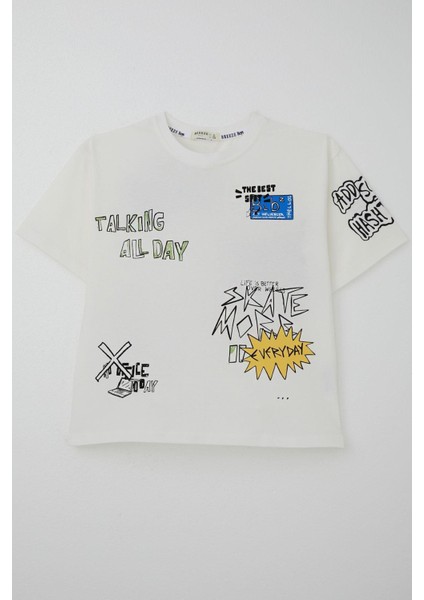 Erkek Çocuk Tişört Teknoloji Temalı Yazı Baskılı 7-12 Yaş, Ekru indirimleri