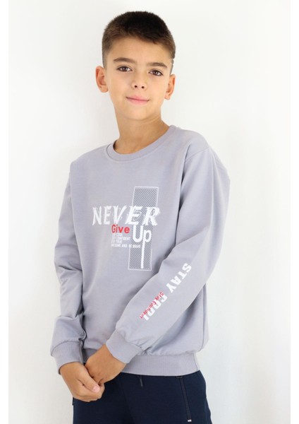 Erkek Çocuk Sweatshirt Motivasyon Temalı 8-12 Yaş, Gri