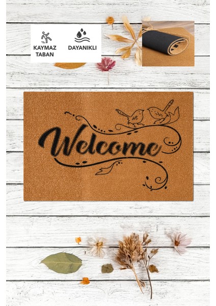 Welcome Kuş Deseni, Uzun Ömürlü Dayanıklı Kapı Önü Paspası, Çeyizlik Paspas, Ev Eşyası Paspas