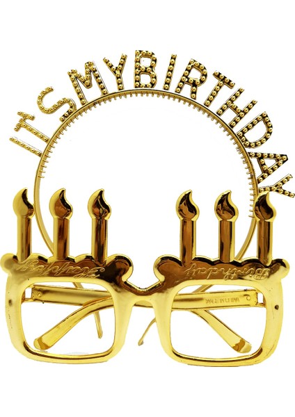 It&amp;apos;s My Birthday Yazılı Taç ve Mum Şekilli Gözlük Seti Altın Renk (4915)