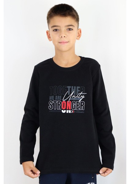 Erkek Çocuk Uzun Kollu Tişört Motivasyon Temalı Yazı Baskılı 6-12 Yaş, Siyah