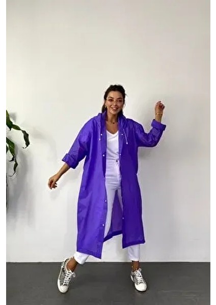 Kadın Mor Çıt Çıt Detay Şeffaf Yağmurluk