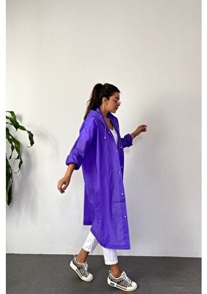 Kadın Mor Çıt Çıt Detay Şeffaf Yağmurluk fiyatları