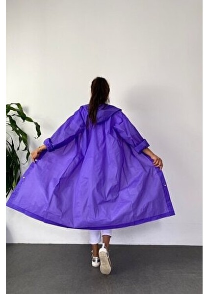 Kadın Mor Çıt Çıt Detay Şeffaf Yağmurluk modelleri