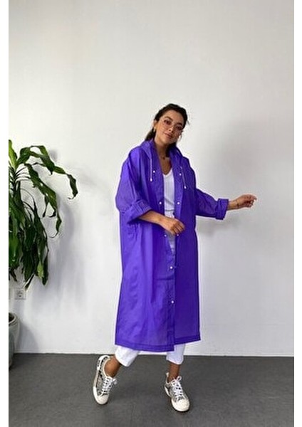 Kadın Mor Çıt Çıt Detay Şeffaf Yağmurluk indirimleri