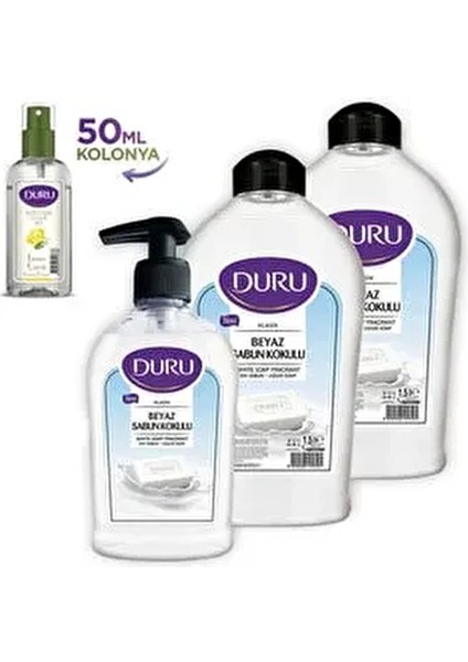 Beyaz Sabun Kokulu Sıvı Sabun 1,5 1,5 300ML ve 50ML Kolonya ile Birlikte