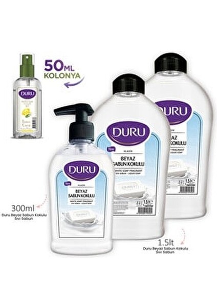 Beyaz Sabun Kokulu Sıvı Sabun 1,5 1,5 300ML ve 50ML Kolonya ile Birlikte modelleri