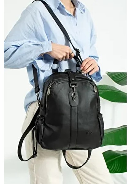 Kadın Siyah 9 Gözlü Sırt Çantası ve Cüzdan Kombini