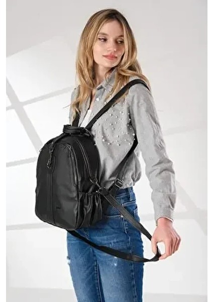 Kadın Siyah 9 Gözlü Sırt Çantası ve Cüzdan Kombini modelleri