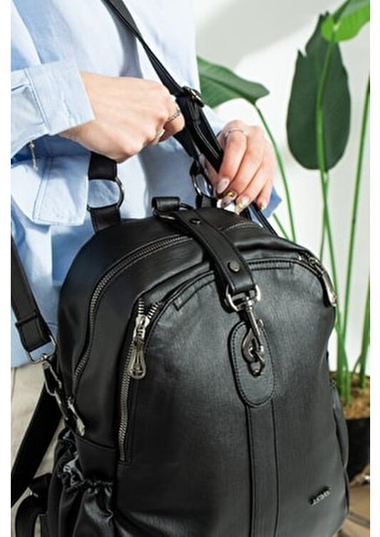 Kadın Siyah 9 Gözlü Sırt Çantası ve Cüzdan Kombini